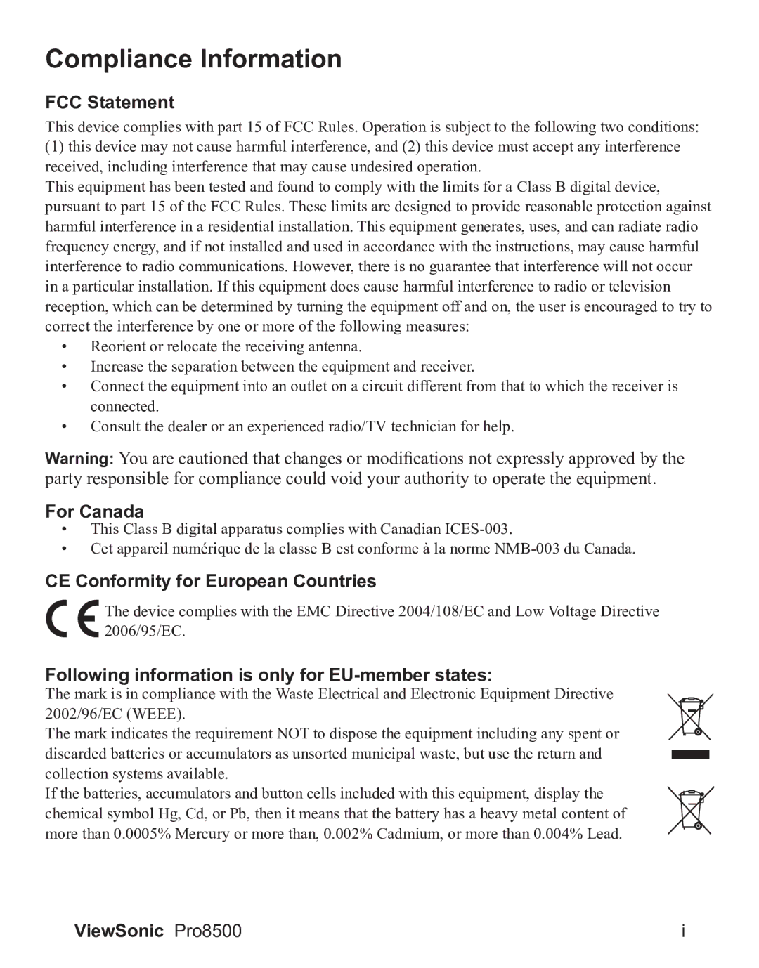 ViewSonic VS13645 warranty Compliance Information 