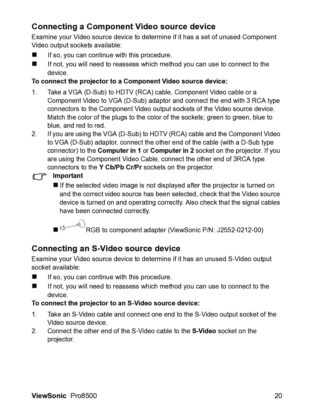 ViewSonic VS13645 warranty Connecting a Component Video source device, Connecting an S-Video source device 