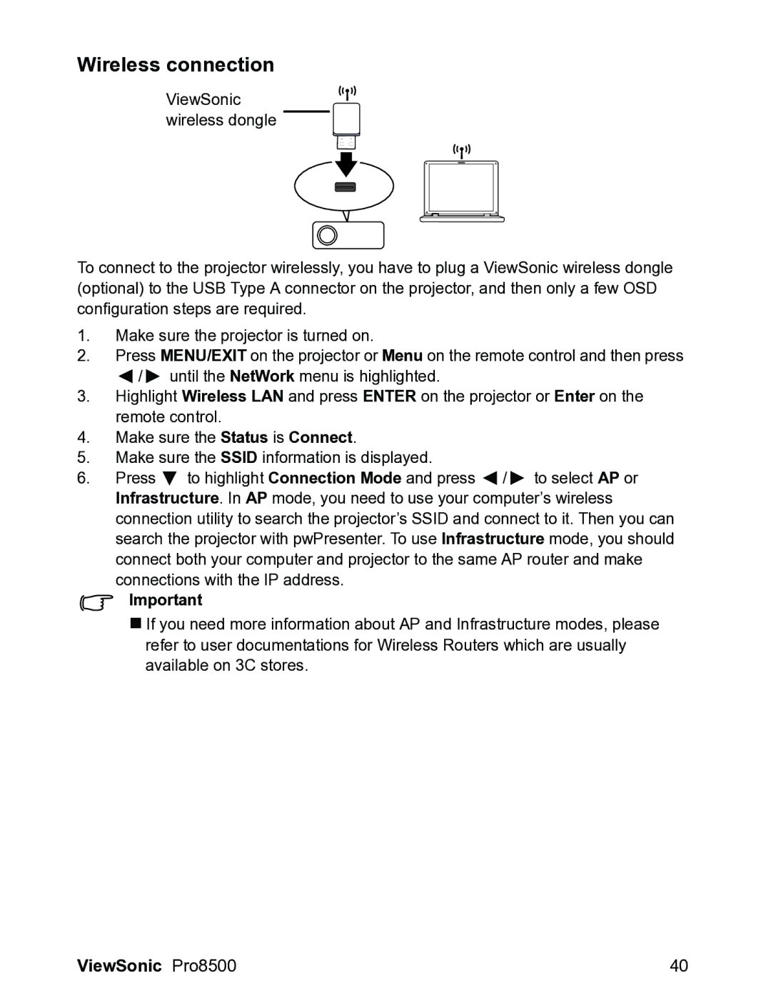 ViewSonic VS13645 warranty Wireless connection 