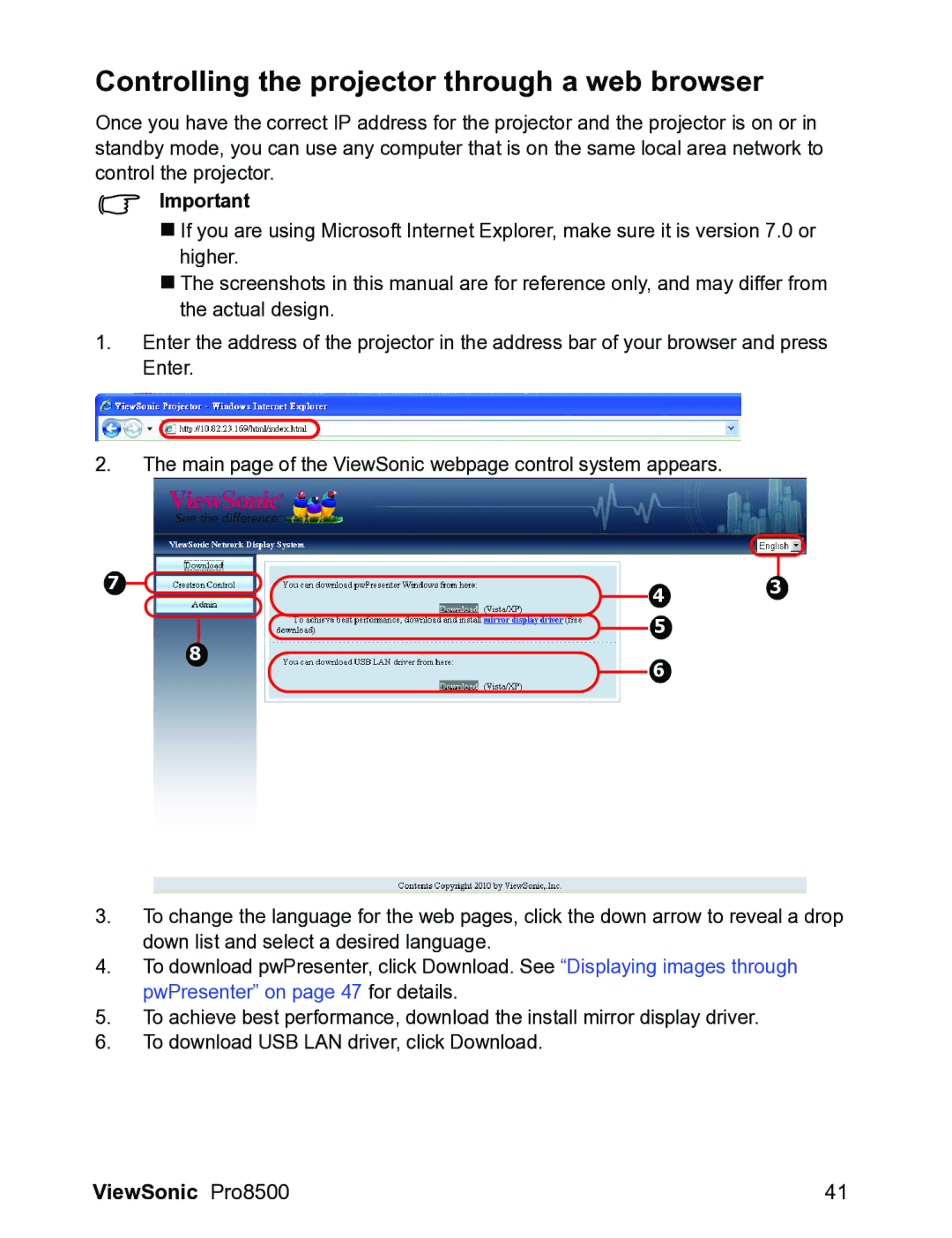 ViewSonic VS13645 warranty Controlling the projector through a web browser 