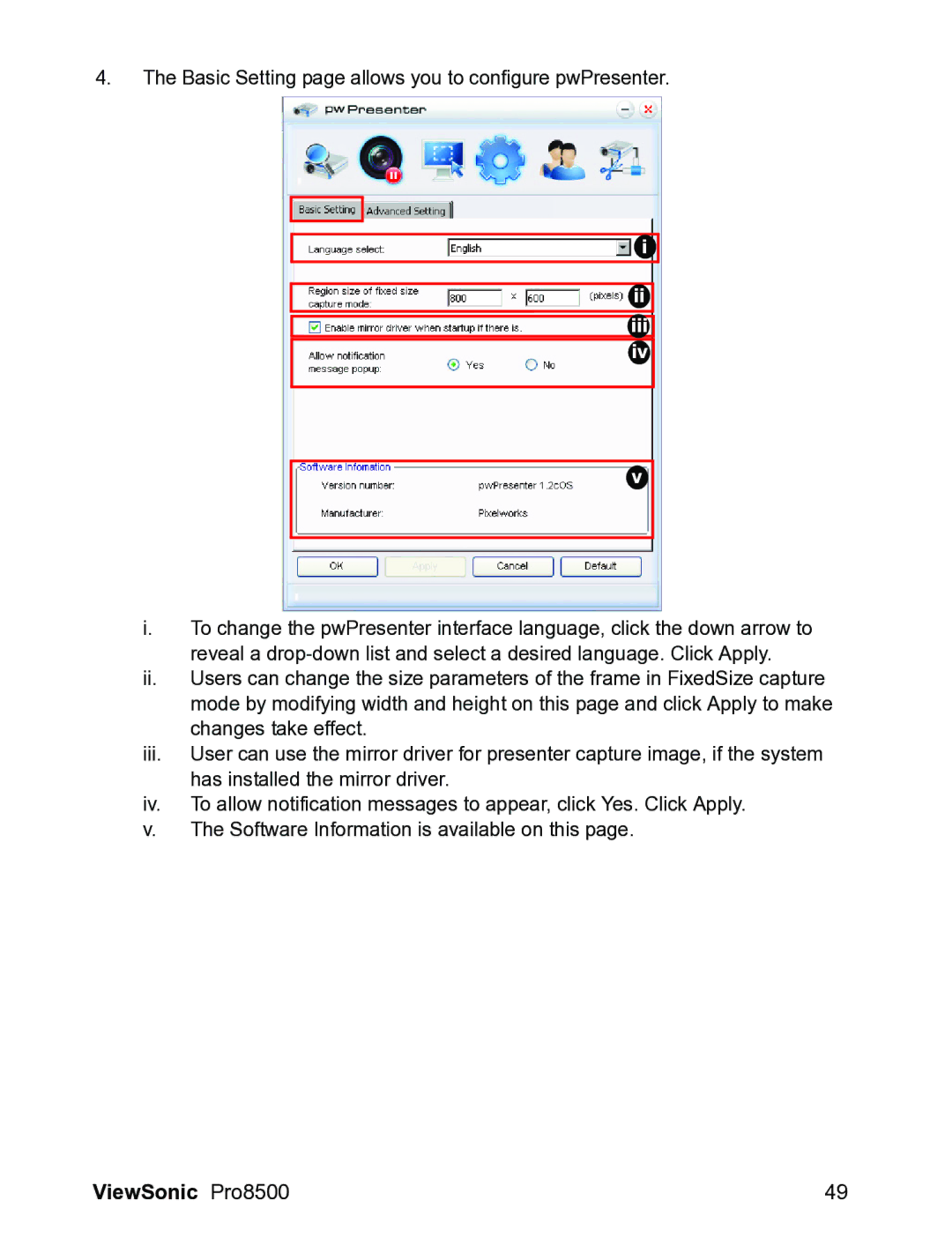 ViewSonic VS13645 warranty Basic Setting page allows you to configure pwPresenter 