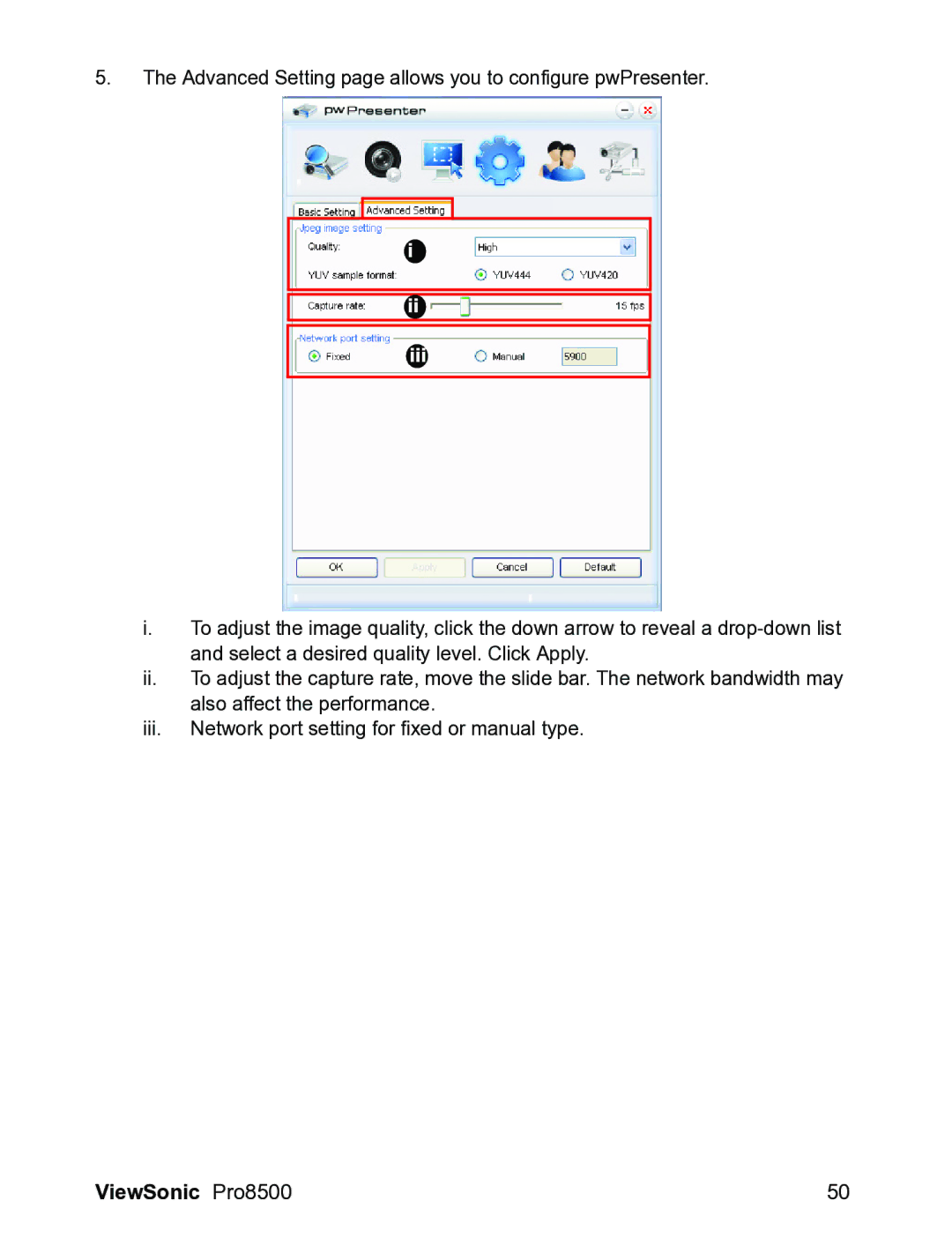 ViewSonic VS13645 warranty Advanced Setting page allows you to configure pwPresenter 