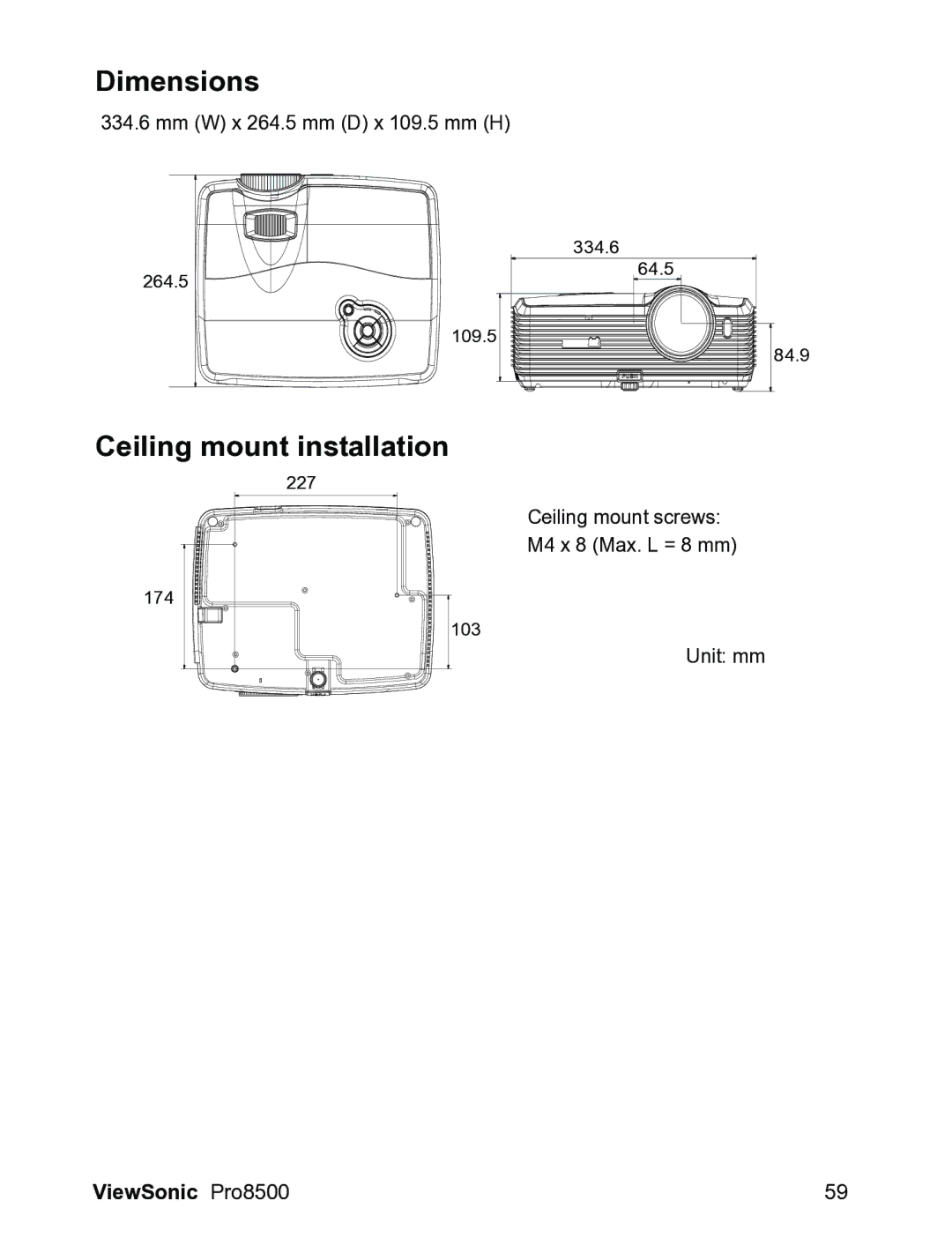 ViewSonic VS13645 warranty Dimensions, Ceiling mount installation 