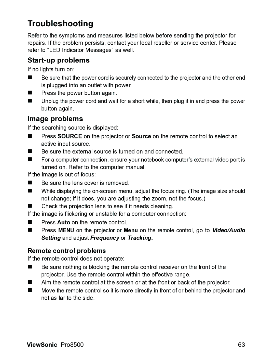 ViewSonic VS13645 warranty Troubleshooting, Start-up problems, Image problems, Remote control problems 