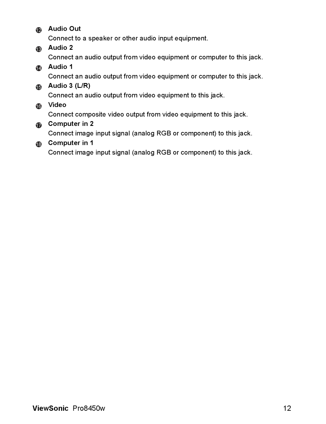 ViewSonic VS13646 warranty Audio Out, Audio 3 L/R, Computer 