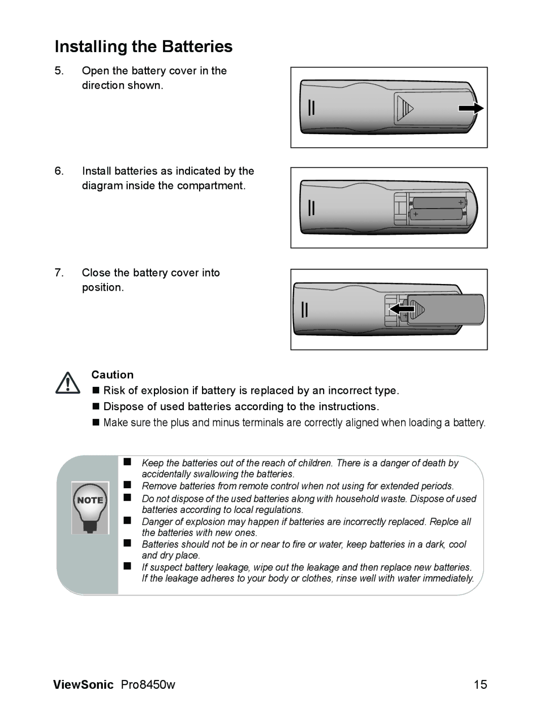 ViewSonic VS13646 warranty Installing the Batteries 