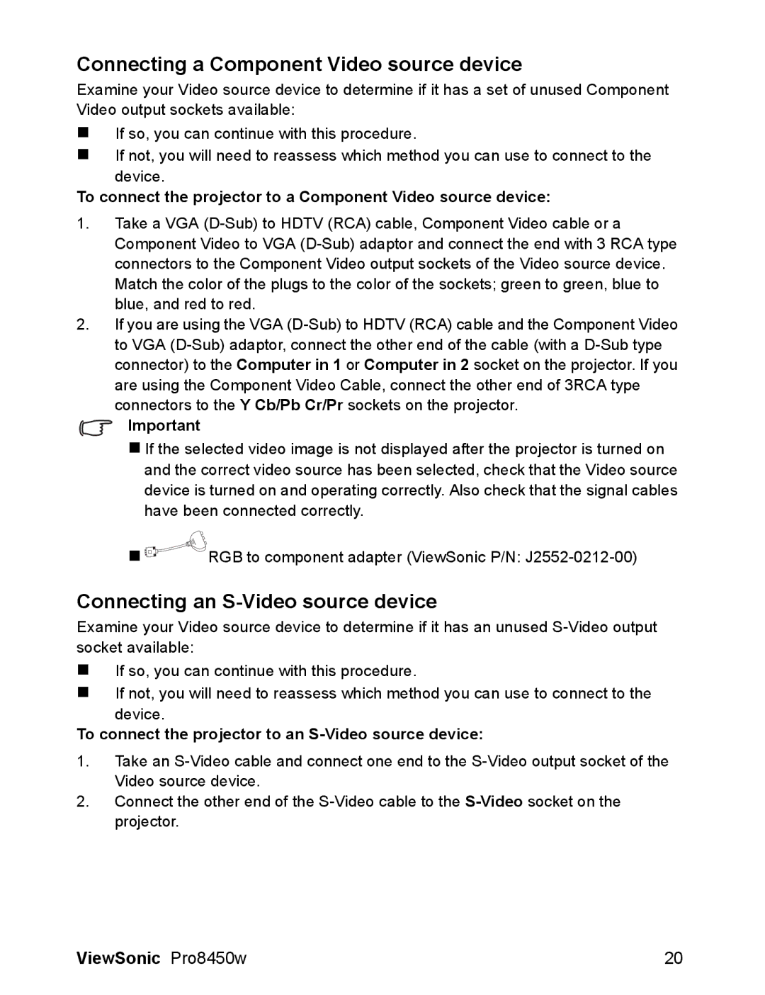 ViewSonic VS13646 warranty Connecting a Component Video source device, Connecting an S-Video source device 