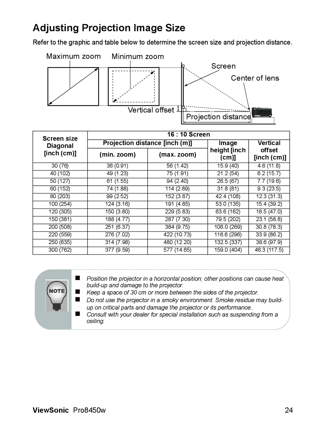 ViewSonic VS13646 warranty Adjusting Projection Image Size, Screen Center of lens Projection distance 