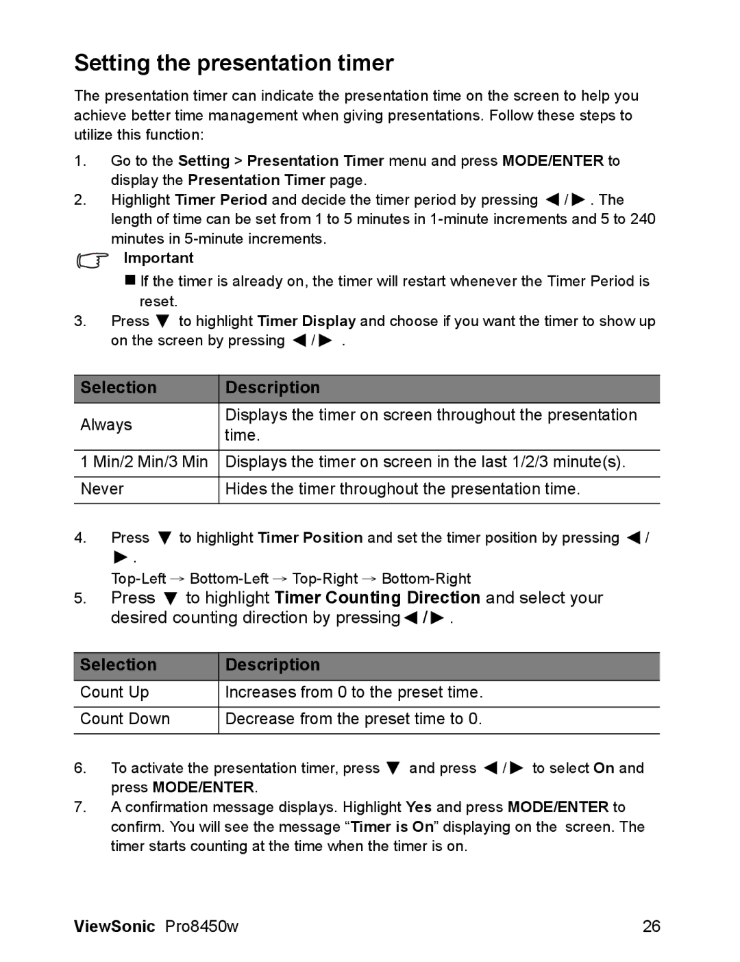 ViewSonic VS13646 warranty Setting the presentation timer, Selection Description 