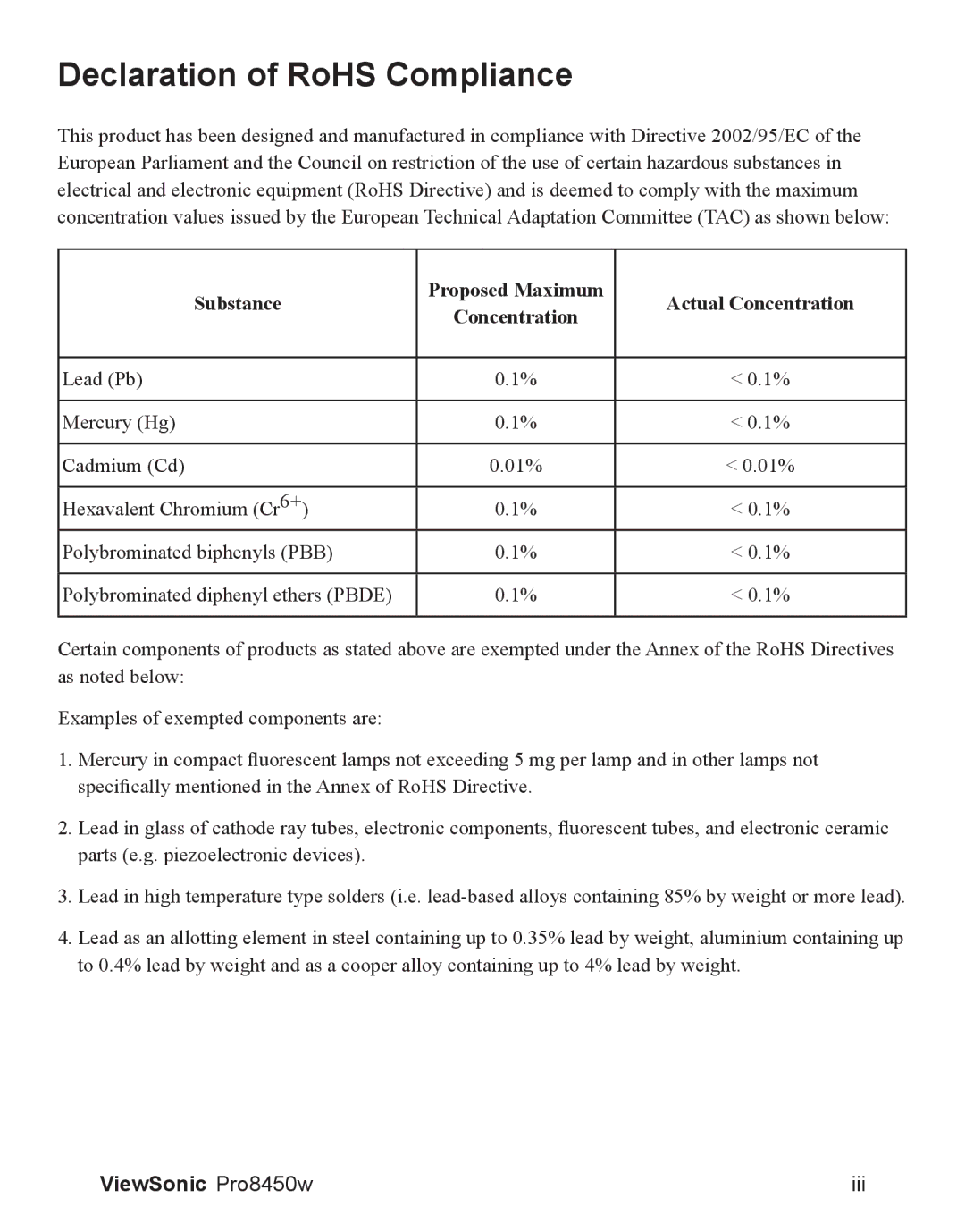 ViewSonic VS13646 warranty Declaration of RoHS Compliance 