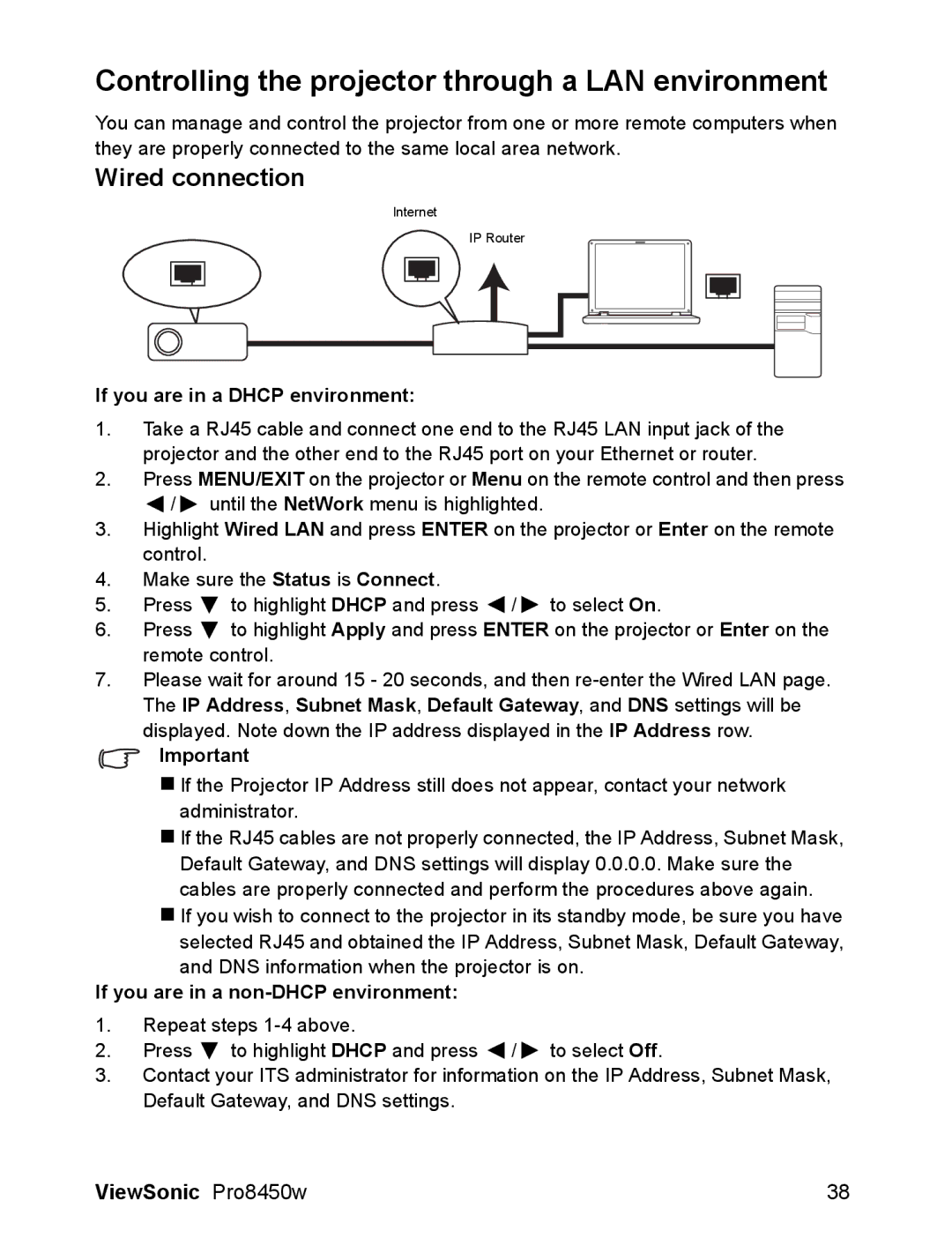 ViewSonic VS13646 Controlling the projector through a LAN environment, Wired connection, If you are in a Dhcp environment 