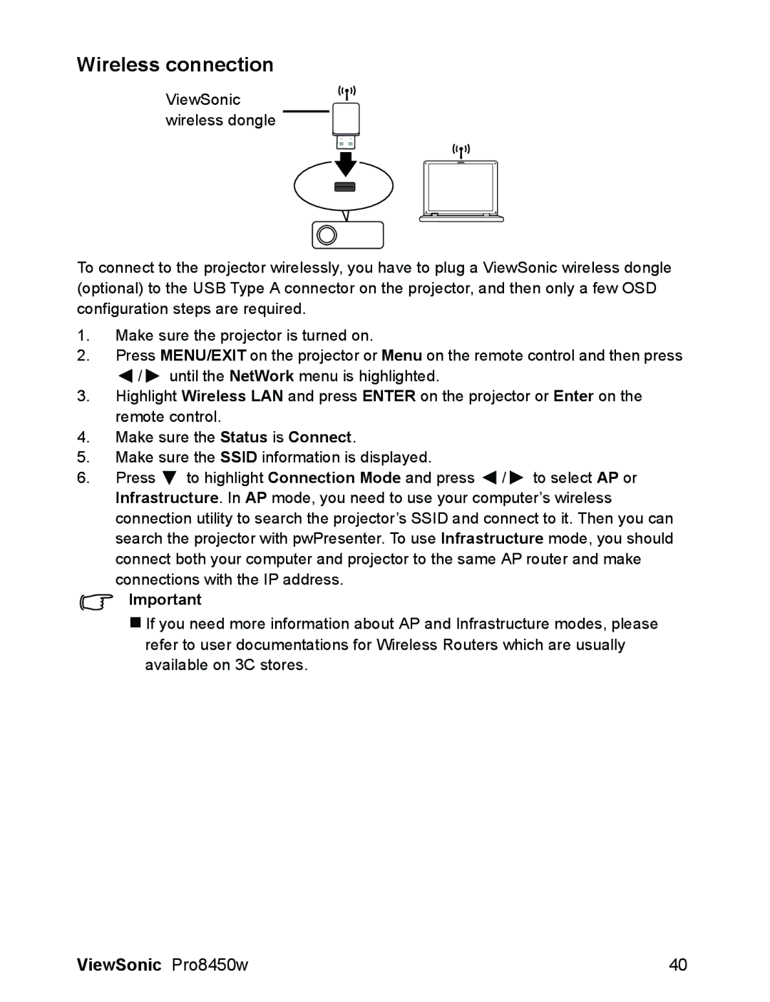 ViewSonic VS13646 warranty Wireless connection 