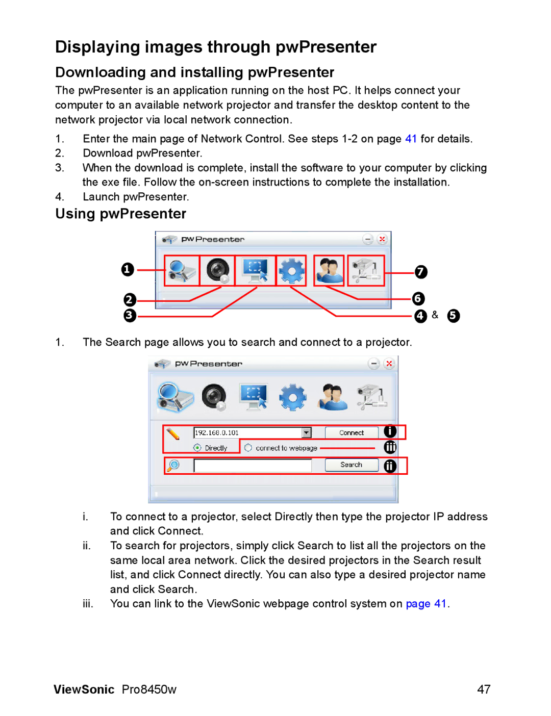 ViewSonic VS13646 warranty Displaying images through pwPresenter, Downloading and installing pwPresenter, Using pwPresenter 