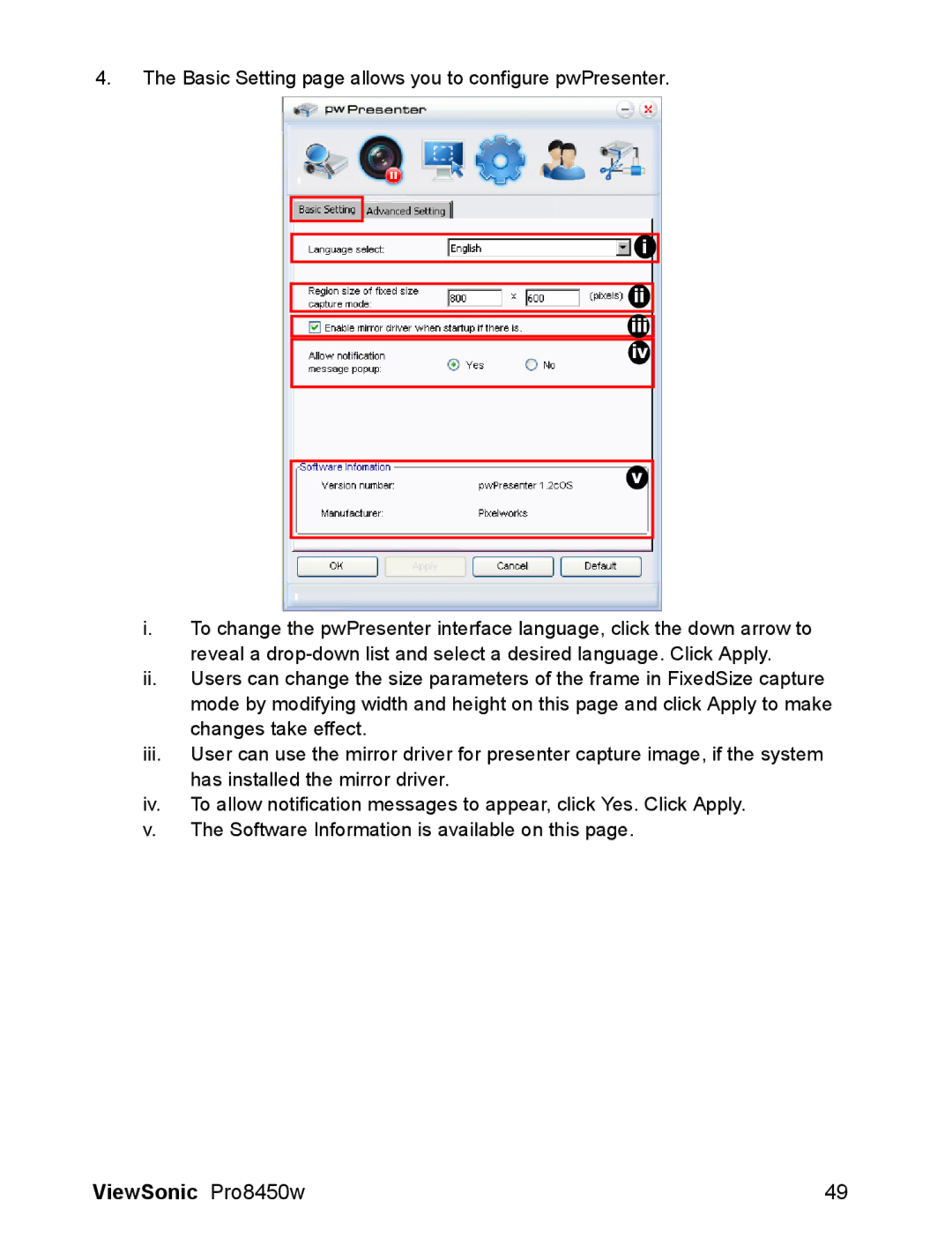 ViewSonic VS13646 warranty Basic Setting page allows you to configure pwPresenter 