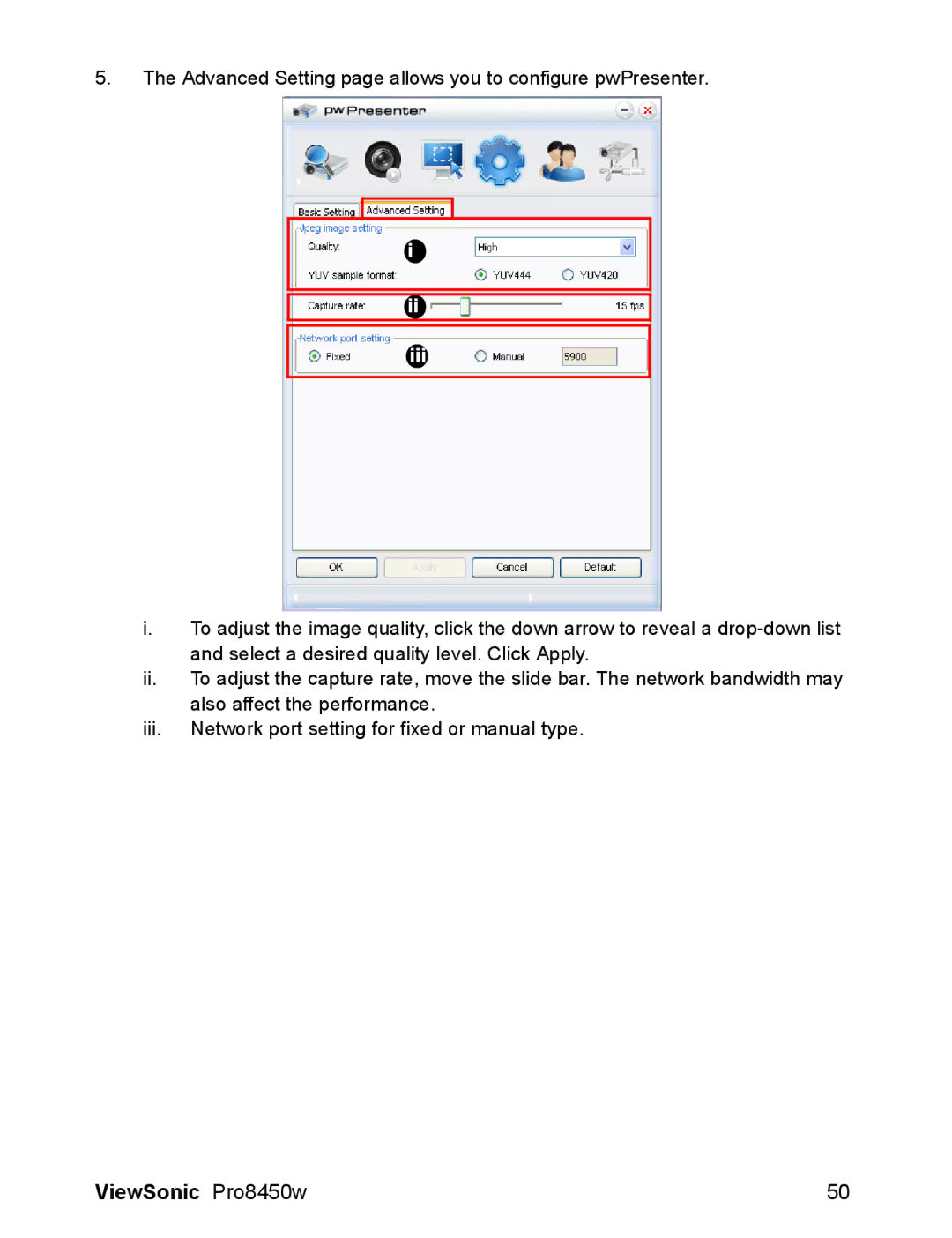 ViewSonic VS13646 warranty Advanced Setting page allows you to configure pwPresenter 