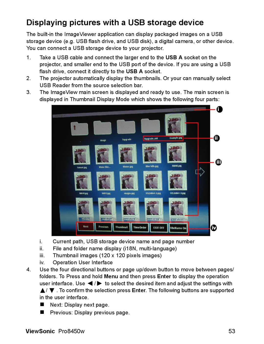 ViewSonic VS13646 warranty Displaying pictures with a USB storage device 