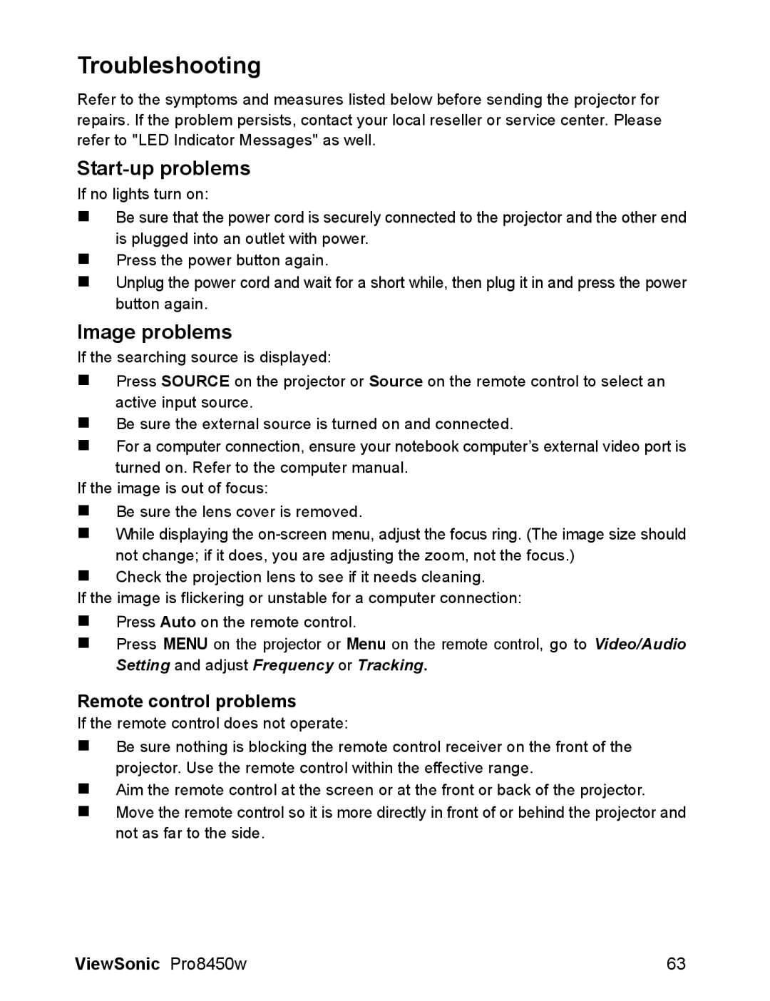 ViewSonic VS13646 warranty Troubleshooting, Start-up problems, Image problems, Remote control problems 