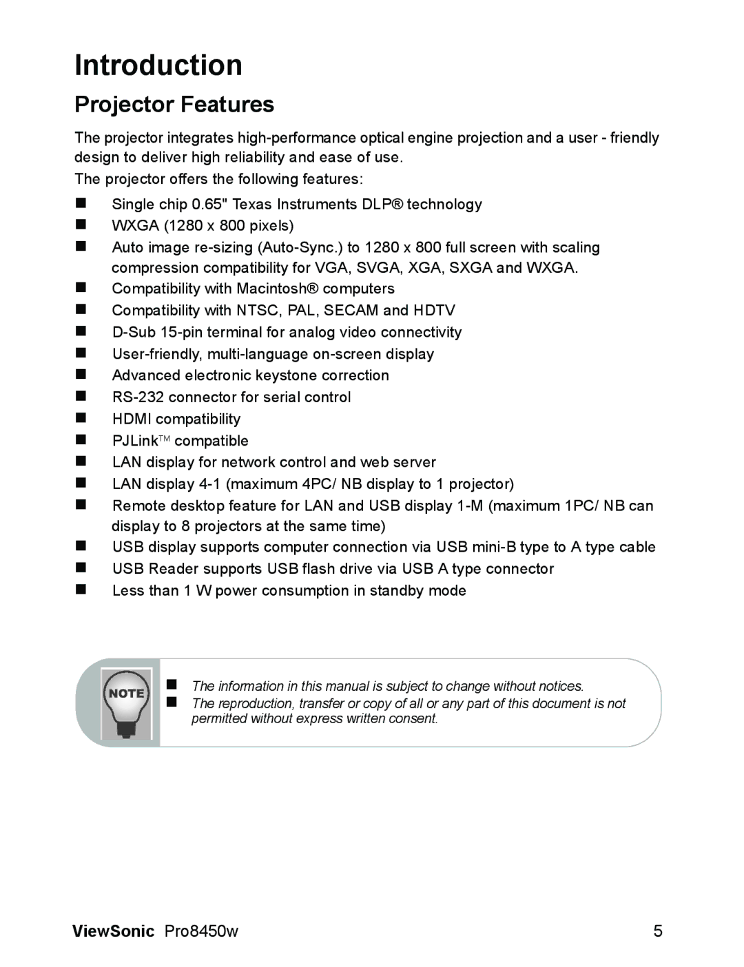 ViewSonic VS13646 warranty Introduction, Projector Features 