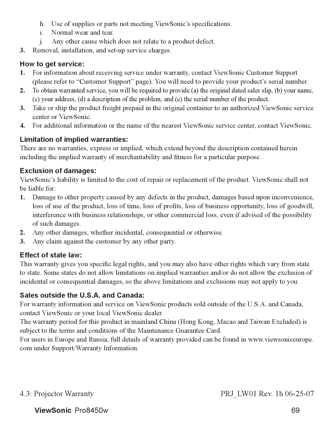 ViewSonic VS13646 warranty How to get service, Limitation of implied warranties, Exclusion of damages, Effect of state law 