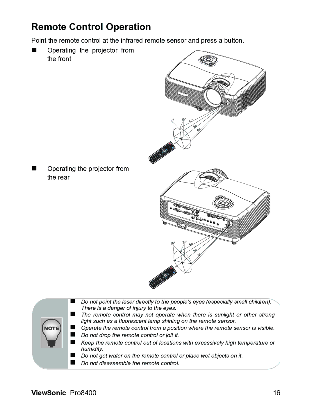 ViewSonic VS13647 warranty Remote Control Operation, „ Operating the projector from the rear 