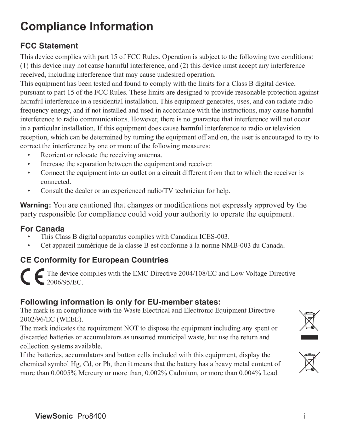 ViewSonic VS13647 warranty Compliance Information, ViewSonic Pro8400 