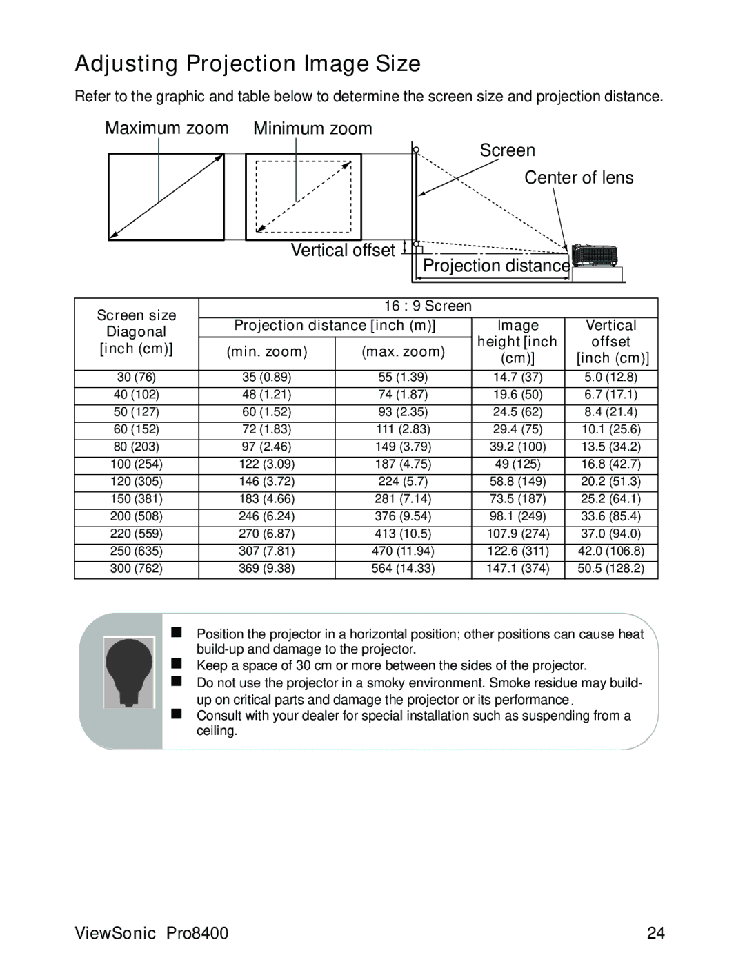 ViewSonic VS13647 warranty Adjusting Projection Image Size, Screen Center of lens Projection distance 