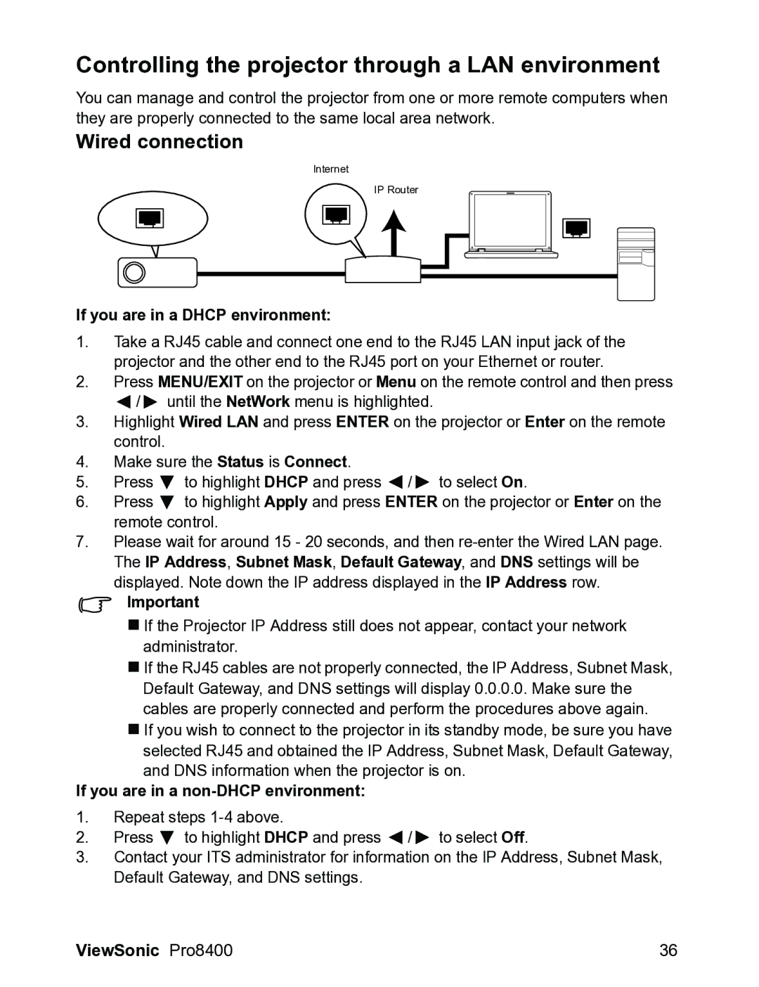 ViewSonic VS13647 Controlling the projector through a LAN environment, Wired connection, If you are in a Dhcp environment 