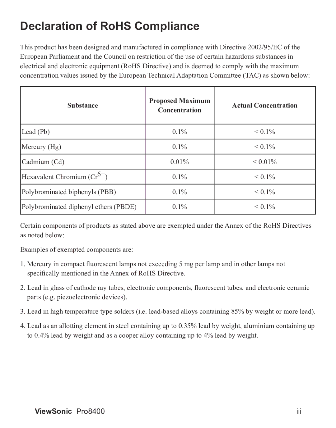 ViewSonic VS13647 warranty Declaration of RoHS Compliance 