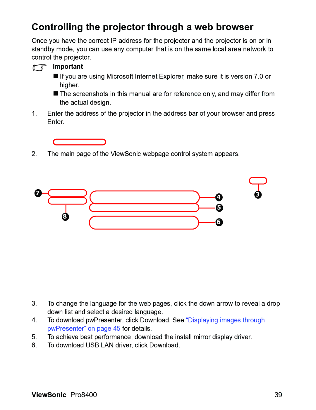 ViewSonic VS13647 warranty Controlling the projector through a web browser 