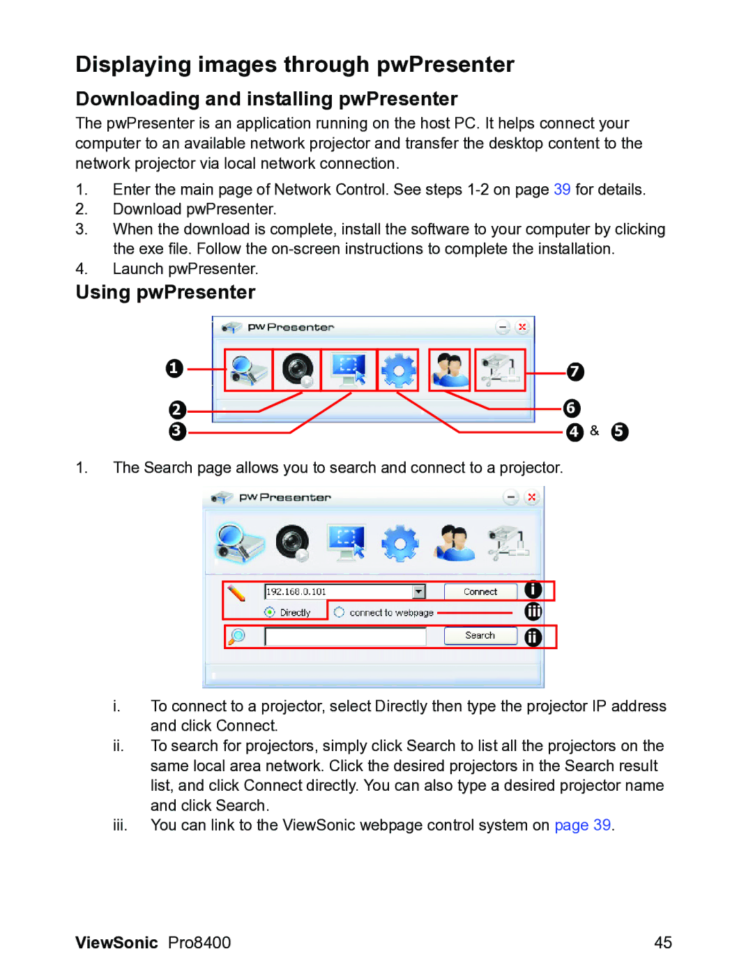 ViewSonic VS13647 warranty Displaying images through pwPresenter, Downloading and installing pwPresenter, Using pwPresenter 