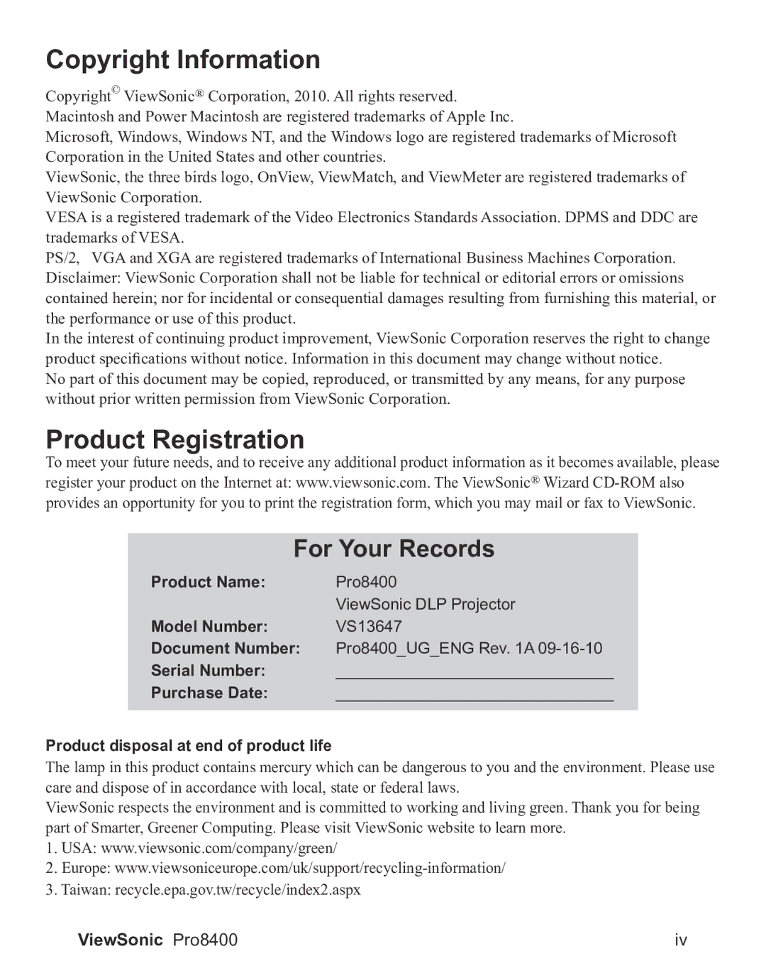 ViewSonic VS13647 warranty Copyright Information 