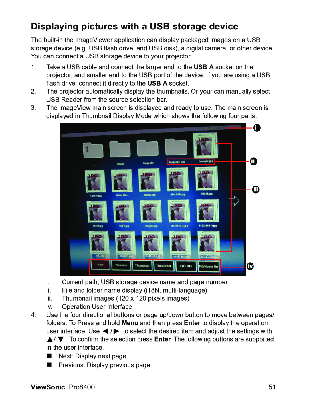 ViewSonic VS13647 warranty Displaying pictures with a USB storage device 