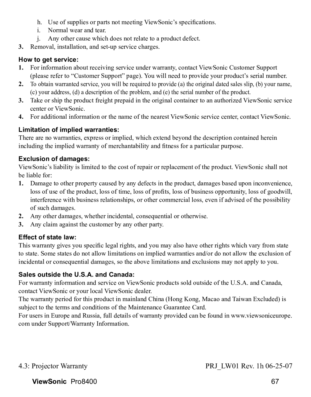 ViewSonic VS13647 warranty How to get service, Limitation of implied warranties, Exclusion of damages, Effect of state law 