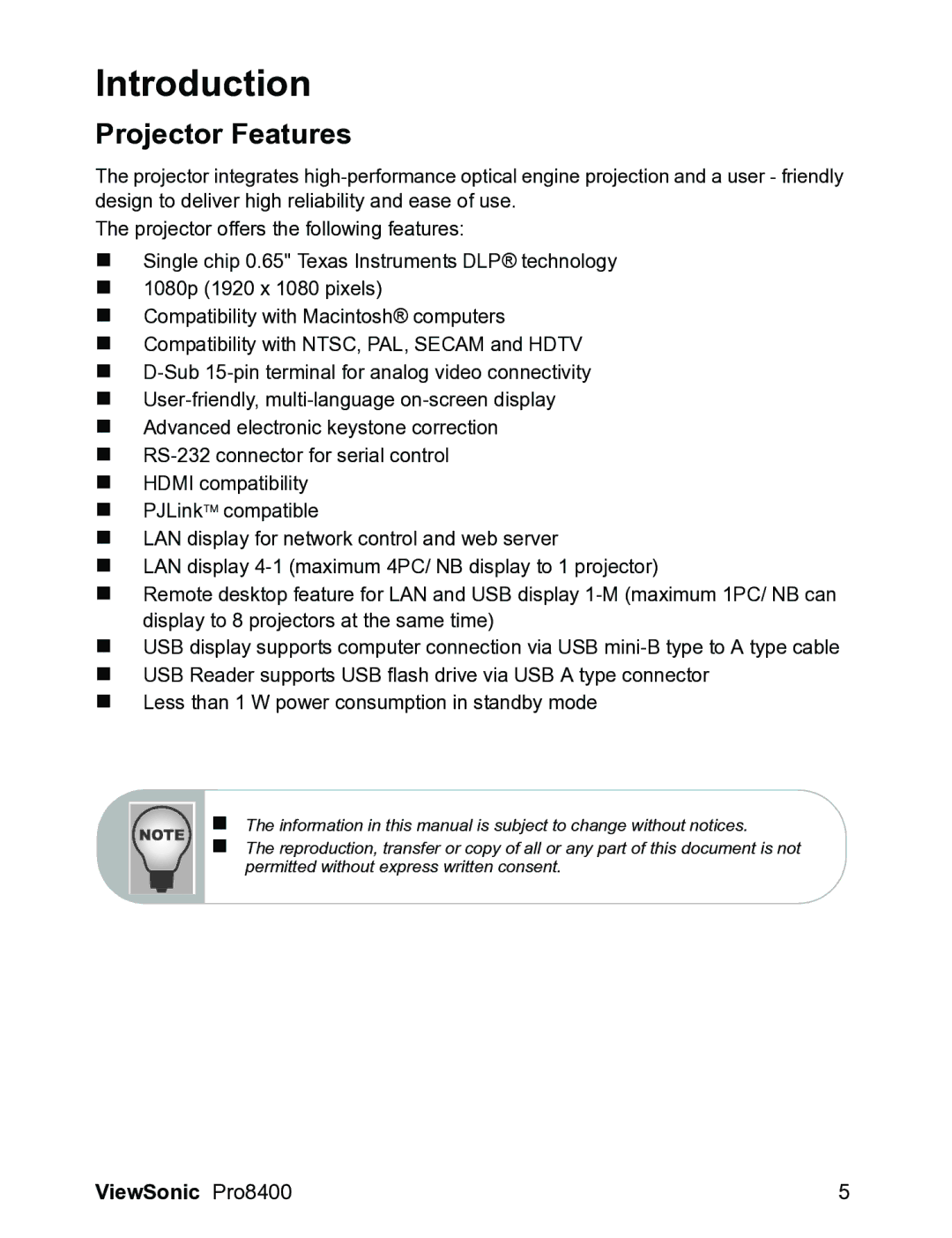 ViewSonic VS13647 warranty Introduction, Projector Features 