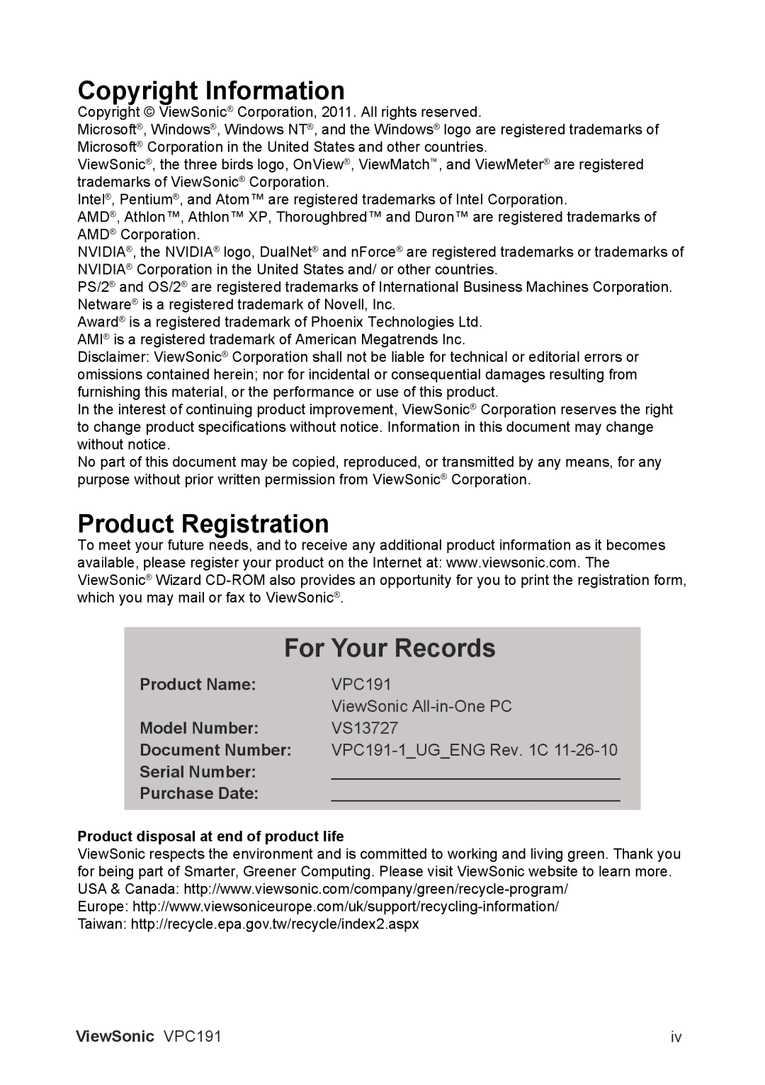 ViewSonic VS13727 manual Copyright Information, Product Registration For Your Records 