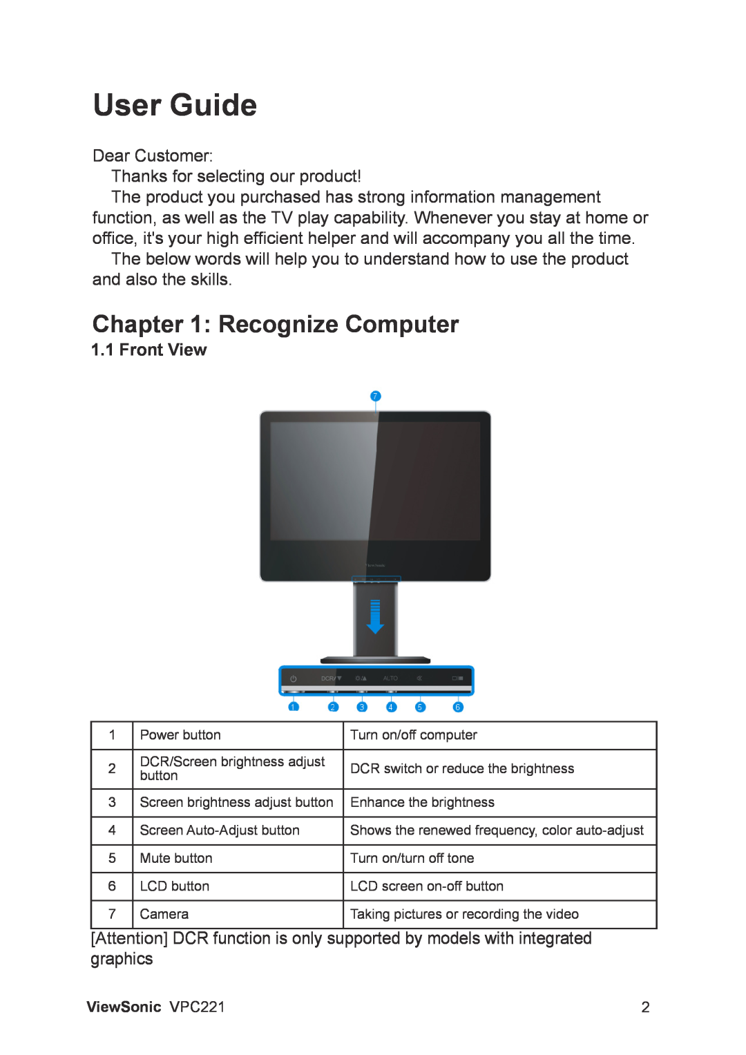 ViewSonic VS13730 manual Recognize Computer, User Guide, Front View 