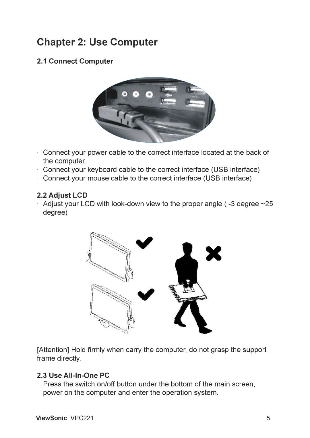 ViewSonic VS13730 manual Connect Computer, Adjust LCD, Use All-In-One PC 