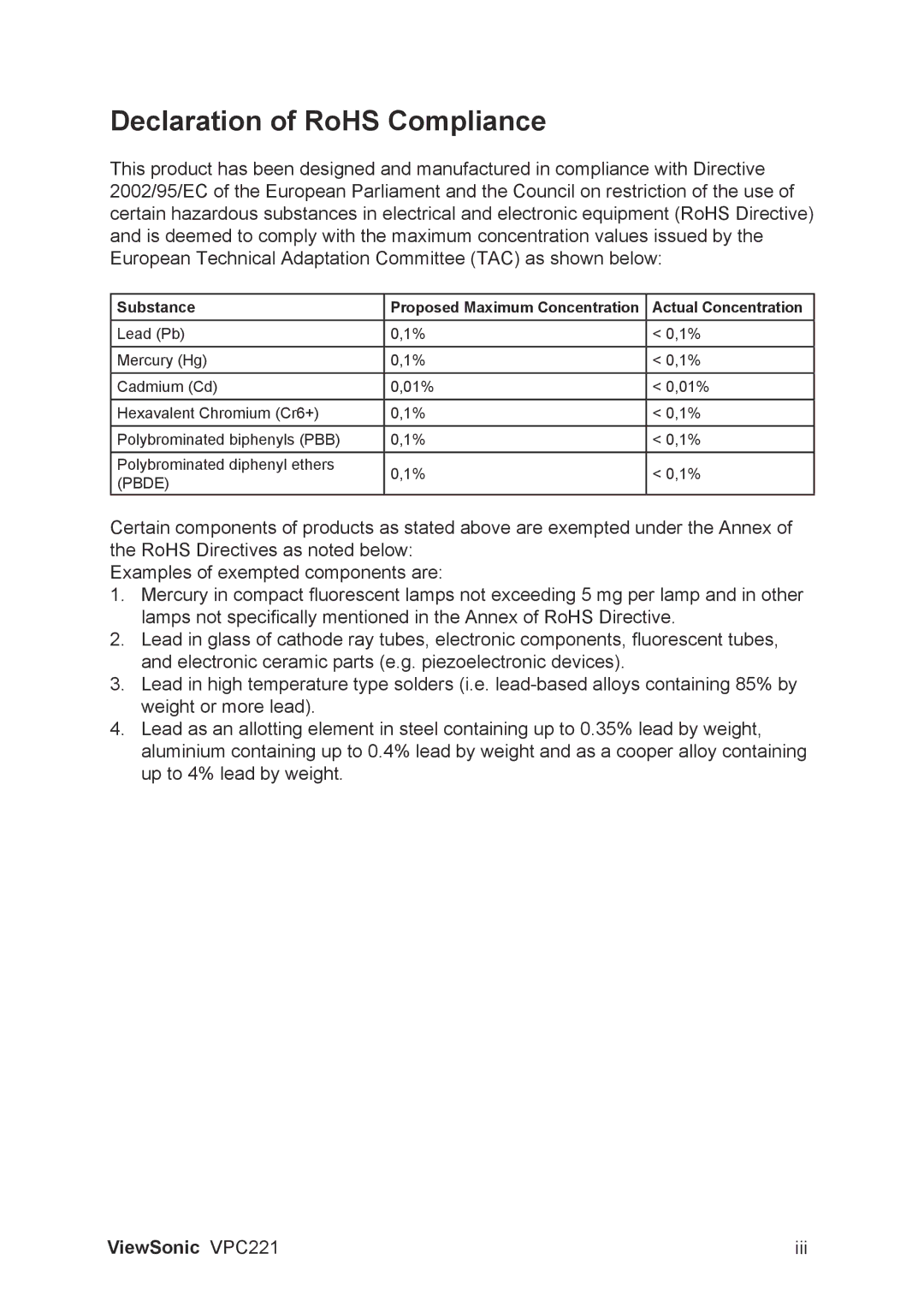 ViewSonic VS13730 manual Declaration of RoHS Compliance 