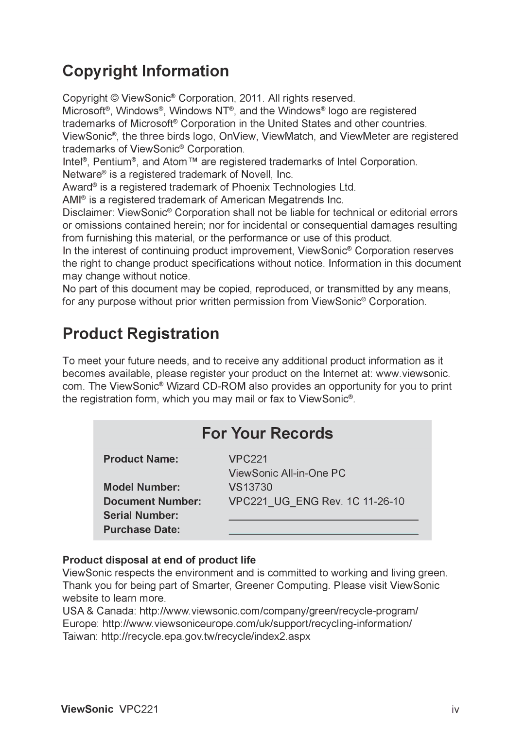 ViewSonic VS13730 manual Copyright Information, Product Registration For Your Records 