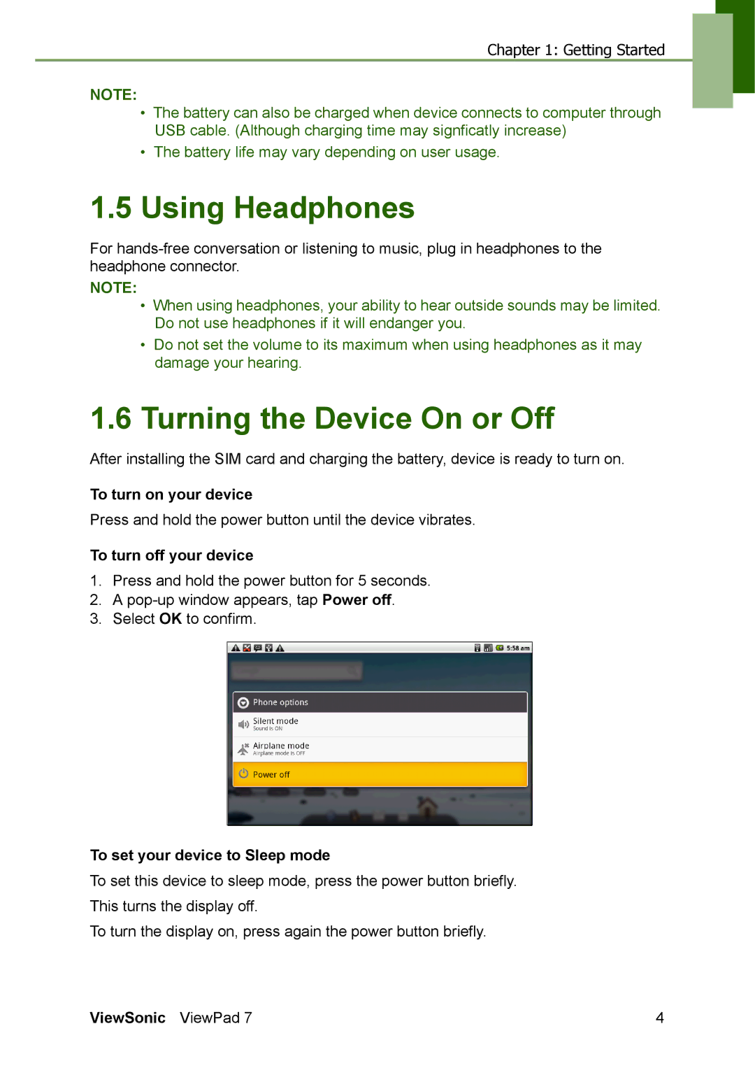 ViewSonic VS13761 manual Using Headphones, Turning the Device On or Off, To turn on your device, To turn off your device 