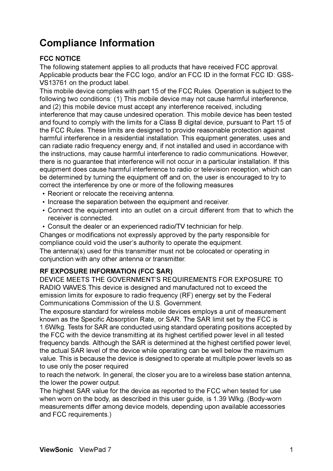 ViewSonic VS13761 manual Compliance Information, ViewSonic ViewPad 