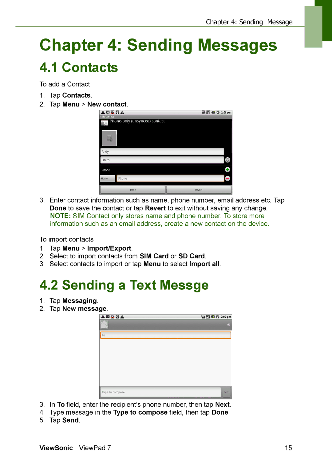 ViewSonic VS13761 manual Sending Messages, Contacts, Sending a Text Messge 