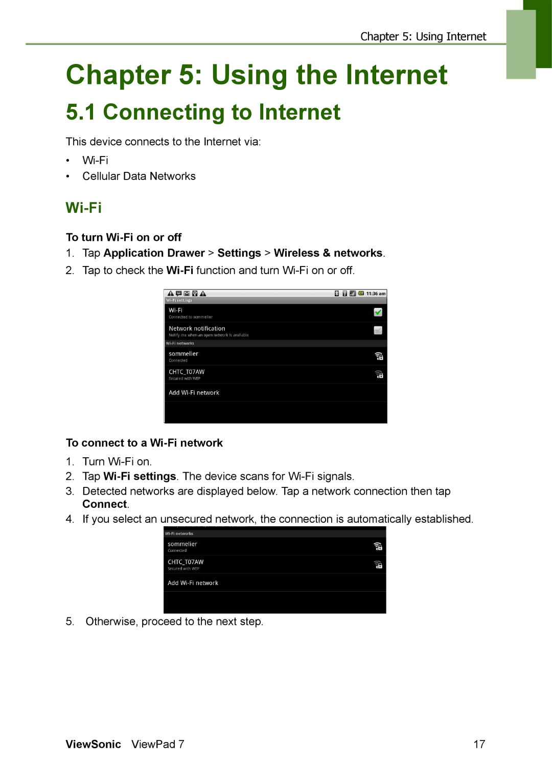 ViewSonic VS13761 manual Using the Internet, Connecting to Internet, To connect to a Wi-Fi network 