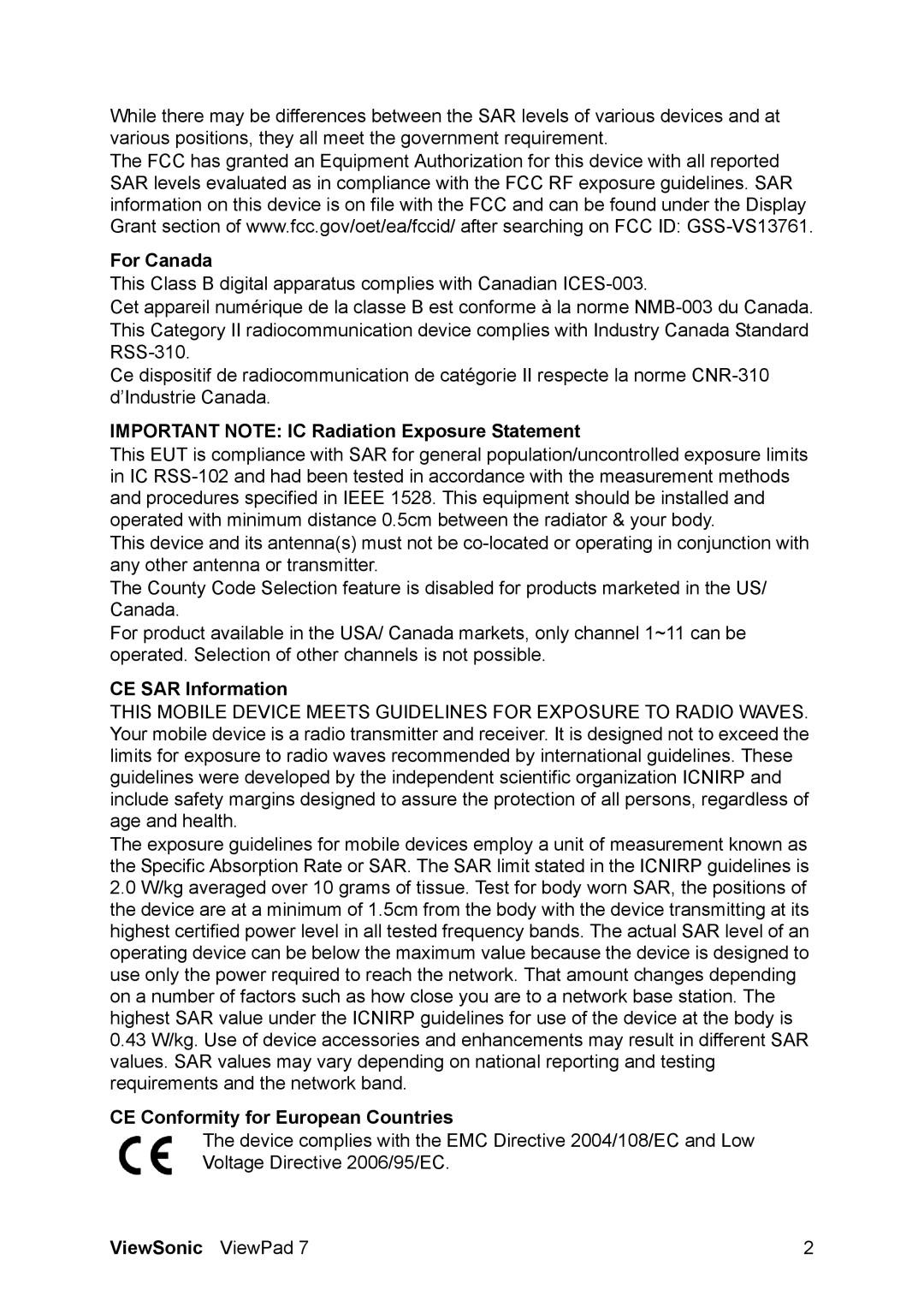 ViewSonic VS13761 manual For Canada, Important Note IC Radiation Exposure Statement, CE SAR Information 