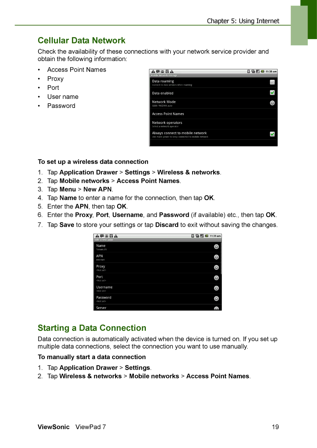 ViewSonic VS13761 manual Cellular Data Network, Starting a Data Connection 