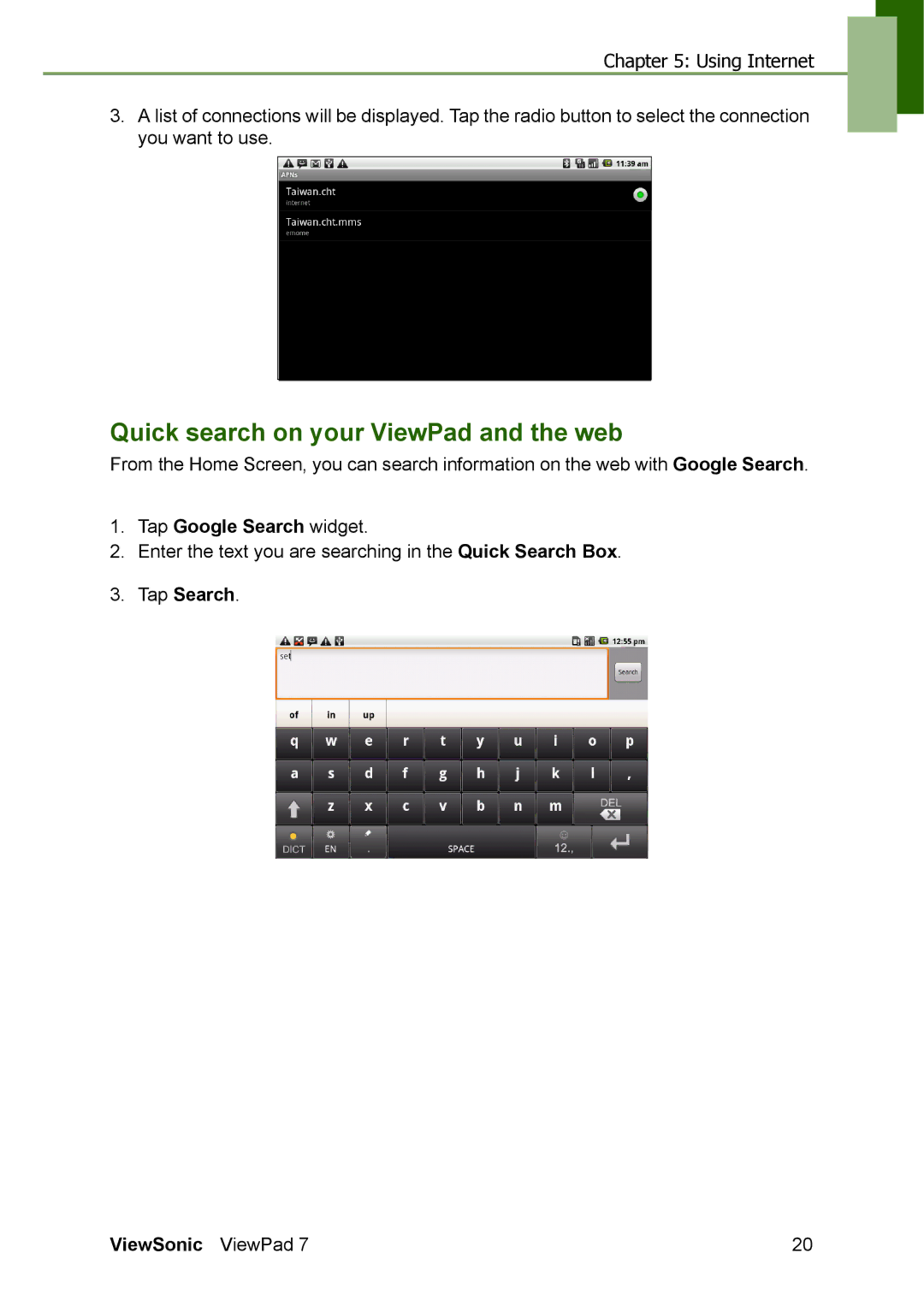 ViewSonic VS13761 manual Quick search on your ViewPad and the web, Tap Google Search widget, Tap Search ViewSonic ViewPad 