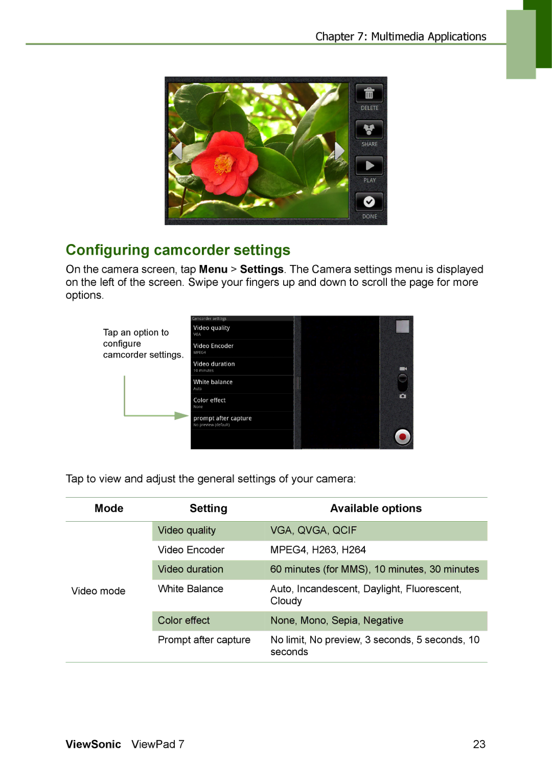 ViewSonic VS13761 manual Configuring camcorder settings, Mode Setting Available options 