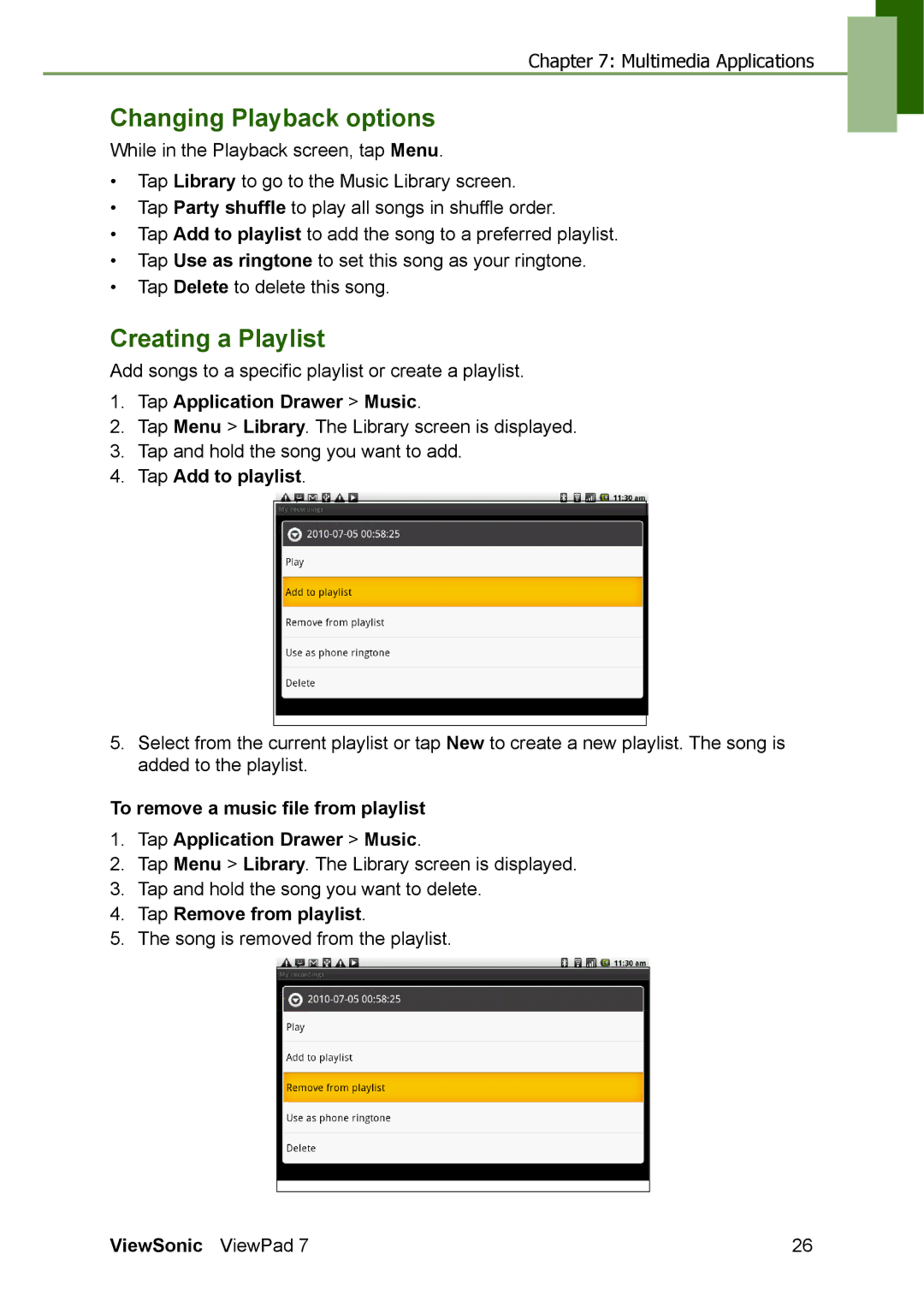 ViewSonic VS13761 manual Changing Playback options, Creating a Playlist, Tap Add to playlist, Tap Remove from playlist 