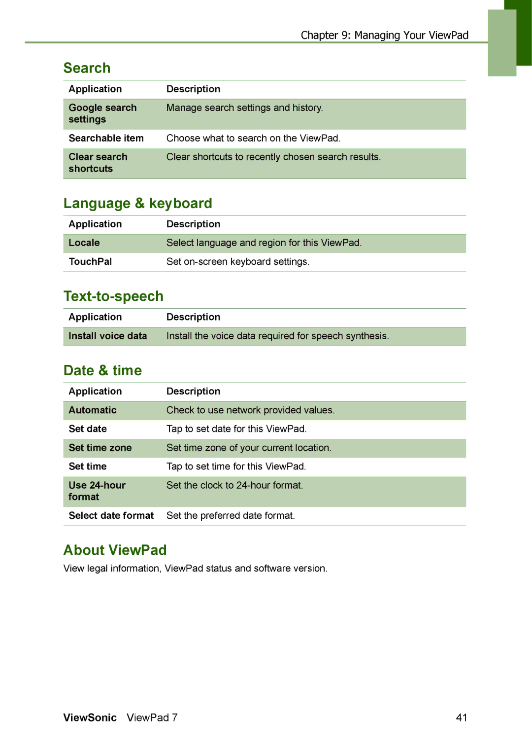 ViewSonic VS13761 manual Search, Language & keyboard, Text-to-speech, Date & time, About ViewPad 