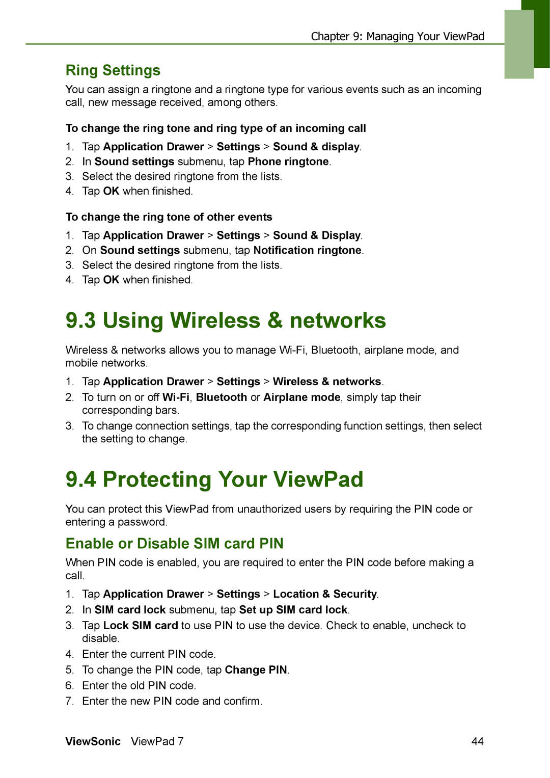 ViewSonic VS13761 manual Using Wireless & networks, Protecting Your ViewPad, Ring Settings, Enable or Disable SIM card PIN 